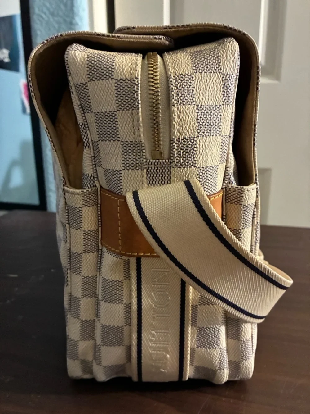 Checked Canvas Crossbody Messenger Bag in Beige and Brown